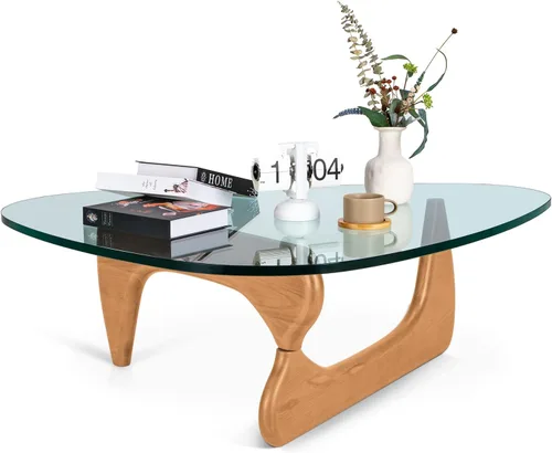 Vista 12 de Mesa de café triangular de vidrio moderna, con vidrio transparente vintage y base de madera maciza, mesa auxiliar para sala de estar, oficina, Nogal