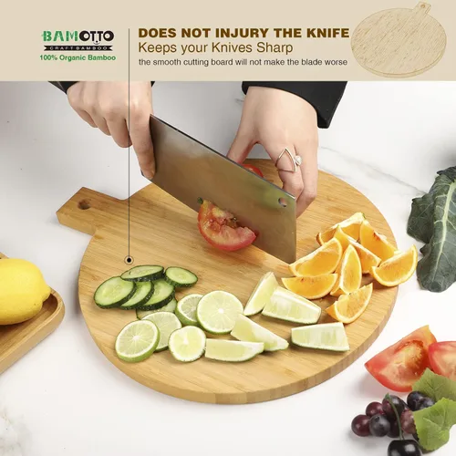 Vista 6 de BAMOTTO CRAFTBAMBOO Tabla de cortar redonda 100% bambú con mango de 13 x 11 x 0.63 pulgadas, tabla de charcutería decorativa para colgar, bandeja