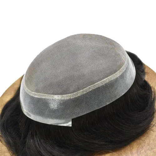 Vista 7 de Toupee - Pieza de pelo para hombre, con revestimiento de poliéster fino, pelo humano real, tupé, 100% atado a mano, sistema de reemplazo de cabello