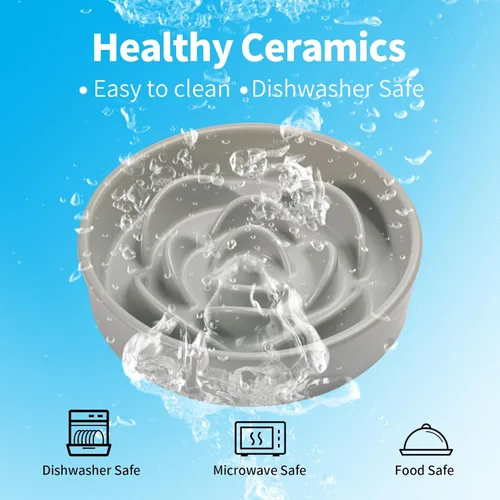 Vista 5 de Cuenco de cerámica gris para perros de razas pequeñas y medianas, cuenco elevado/elevado de 6.1 pulgadas de alimentación lenta, cuenco de comida