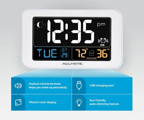 Vista 3 de AcuRite 13040 intelli-time reloj despertador con cargador USB, temperatura interior y humedad.