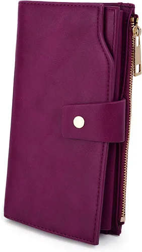 Vista 11 de UTO Cartera de cuero vegano para mujer, cartera larga con broche de presión, tarjetero de crédito, elegante embrague 0153 Gris