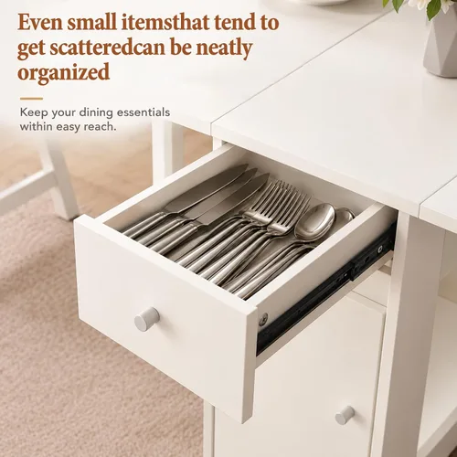 Vista 7 de COMUHOME Mesa de comedor plegable con almacenamiento para espacios pequeños Diseño plegable, 4 ruedas, 2 cajones y gabinete, madera contrachapada