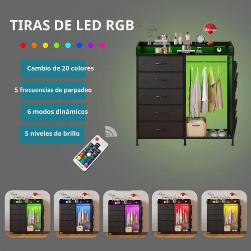Vista 5 de LUMTOK - Cómoda con estante para colgar, 5 cajones de tela y bolsillo lateral para dormitorio Negro