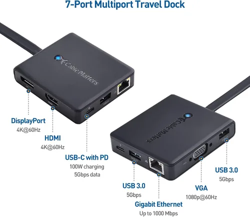 Vista 2 de Cable Matters Concentrador USB C 7 en 1 con triple pantalla (HDMI, DisplayPort, VGA), 2 USB 3.0, Gigabit Ethernet, carga de 100 W - Thunderbolt