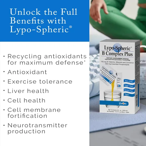 Vista 3 de LivOn Laboratories Lypo-Spheric B Complex Plus - 30 paquetes - 195 mg de vitaminas B, minerales y canela por paquete - Liposoma encapsulado para una
