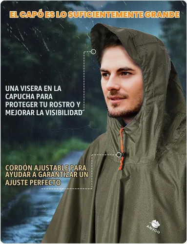 Vista 4 de ANYOO Poncho de lluvia con capucha para adultos impermeable ligero abrigo de lluvia para hombres mujeres chaqueta de lluvia reutilizable para Verde
