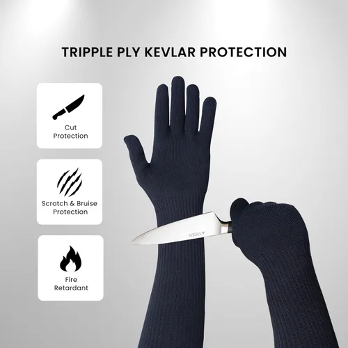 Vista 2 de Mangas de soldadura ignífugas, mangas de Kevlar elásticas, mangas resistentes a cortes ANSI A5, mangas hipoalergénicas transpirables de protección