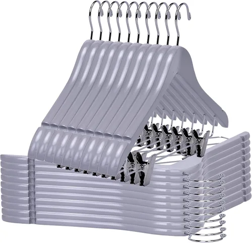 Vista 21 de Perchas de madera de calidad para faldas con clips, paquete de 10 perchas lisas de madera maciza para pantalones con clips de metal ajustables