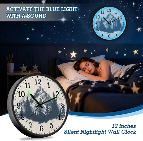 Vista 6 de JUNZAN Luminous Voice-Activated Round Wall Clock 12 Inch Mountain Vintage Design Non-Ticking Silent Battery Operated Wallclocks for Kitchen Bedroom