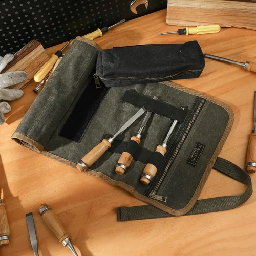 Vista 5 de Rollo de organización de herramientas, bolsa de lona encerada resistente de 16 onzas con 1 bolsa desmontable con cremallera y 7 ranuras para Verde