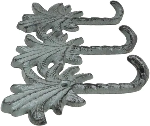 Vista 4 de Ebros Gift Paquete de 2 figuras de hierro fundido Verdigris Tropical Paradise Beach, 3 palmeras de coco, 3 clavijas, ganchos de pared triples