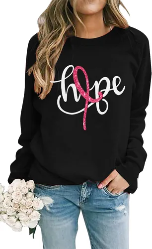 Vista 2 de ALLTB Camisas de cáncer de mama para mujer, sudadera de cinta rosa, camiseta de concientización sobre la lucha contra el cáncer, camiseta casual