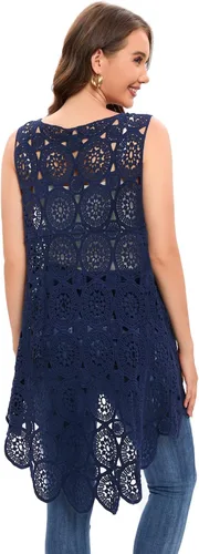Vista 2 de Chaleco de encaje de ganchillo para mujer, estilo bohemio, sin mangas, kimono con dobladillo irregular