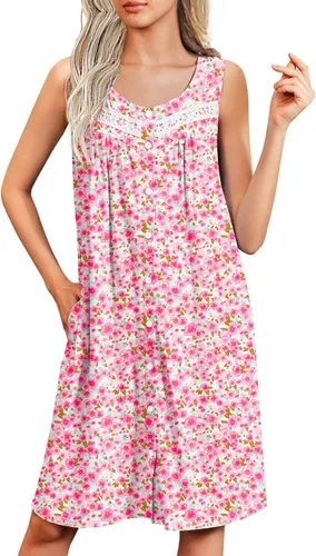 Vista 6 de Ekouaer Camisones para mujer, con botones, sin mangas, suave, con bolsillos, tallas S-XXXL