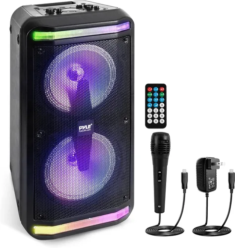 Vista 8 de Pyle Sound Around - Altavoz Bluetooth y sistema de micrófono, altavoz de karaoke estéreo portátil con micrófono con cable, lectores MP3/USB/Micro