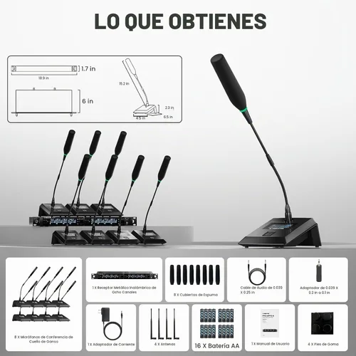 Vista 9 de Phenyx Pro Sistema de Micrófono Inalámbrico para Conferencias de 8 Canales, Micrófono Inalámbrico de Podio con 8x25 Frecuencias UHF, Escaneo