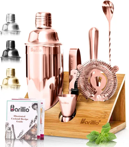 Vista 8 de Barillio Black Bartender Kit – Juego de coctelera de acero inoxidable con soporte de bambú – Herramientas de barra de mixología con coctelera