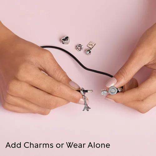 Vista 6 de PANDORA Joyería - Pulsera doble de cuero con circonita cúbica en plata de ley, Metal Cuero