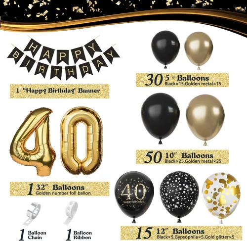Vista 5 de Decoraciones de 40 cumpleaños para hombres y mujeres, globos de cumpleaños de 40 años negros y dorados para fiesta con pancarta de feliz 40