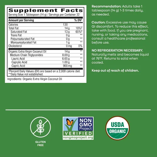 Vista 6 de Aceite de coco orgánico extra de Nature's Way, 32 onzas, 15673, 16 onza, 1, 1 Aceite de coco virgen orgánico, sin hexano, sin refinar, sin gluten