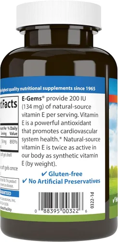 Vista 3 de Carlson E-Gems 200 UI (134 mg), vitamina E de origen natural, bienestar óptimo, 250 geles blandos