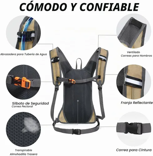 Vista 3 de Nepest Hydration Pack Backpack with 2L Water Bladder Reflective Lightweight Water Pack, Hydropack bag for Hiking, Running, Biking, Cycling, Caqui