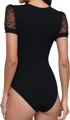 Vista 3 de Body de manga larga con cuello alto y lunares para mujer, de malla transparente