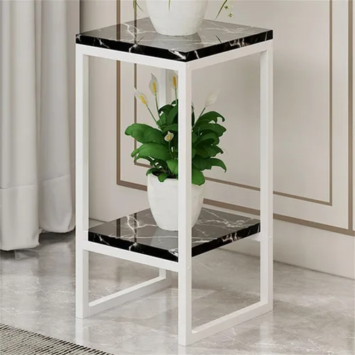 Vista 26 de Mesa cuadrada simple de madera de varios niveles con estante de almacenamiento, soporte para maceta de hierro forjado para sala de estar en Negro