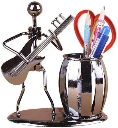 Vista 3 de Armear Portalápices de guitarra, soporte decorativo de metal para bolígrafos de escritorio con diseño de balancín y guitarra, organizador