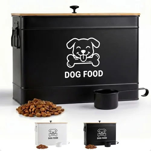 Vista 11 de Recipiente de metal para perros de 15 a 20 libras con tapa hermética de Negro: Hueso