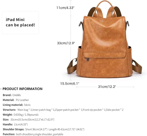 Vista 2 de Cnoles Moda mujer mochila monedero PU cuero grande diseñador casual viaje señoras universidad hombro bolsos, Marrón, Mochila de moda