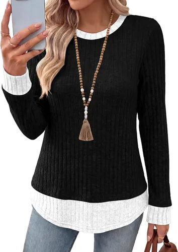 Vista 2 de WIHOLL Camisas de manga larga para mujer, trajes de otoño, suéteres ligeros Negro - blanco