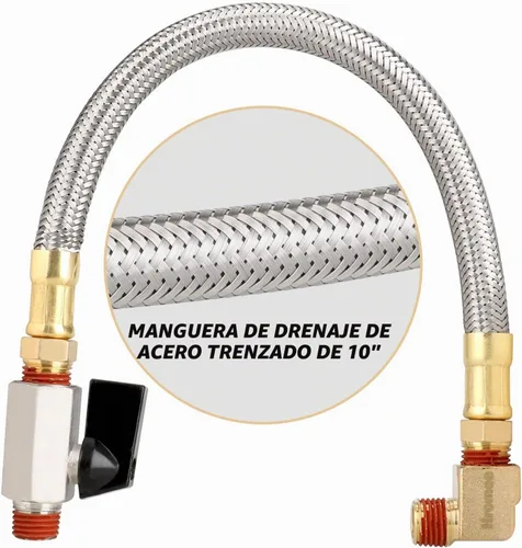 Vista 2 de Hromee Kit de montaje de drenaje de tanque extendido con manguera de acero trenzado de 10 pulgadas, válvula de drenaje de 1/4 pulgadas y codo