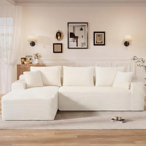 Vista 16 de Sofás seccionales sin hueso en forma de L de 108 pulgadas para sala de estar, moderno y cómodo sofá modular de pana comprimida de espuma