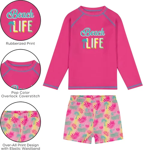Vista 6 de Disney Girls' Frozen & Minnie Mouse 4-Piece Kids Set, Long Sleeves Rash Guard, Swim Shorts, Glasses & Bucket Hat Ages 3-8