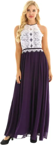 Vista 3 de iEFiEL Vestido de noche de gasa con cuello redondo y encaje en línea A para mujer