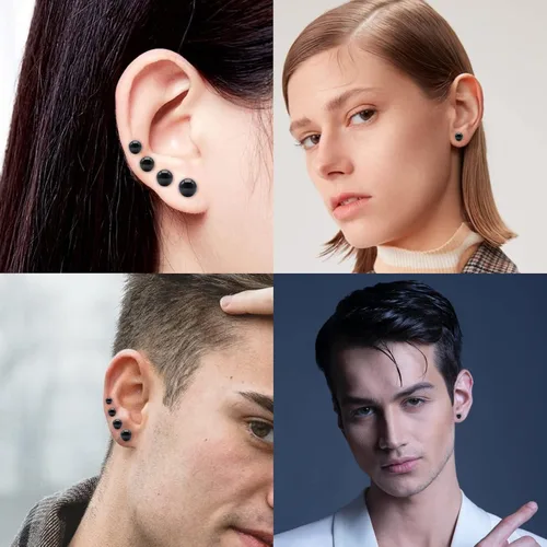 Vista 2 de Aretes de titanio con punta plana y bola, hipoalergénicos para mujeres y hombres, oro rosa, oroplatanegro, aretes redondos de 0.118 in a 0.236 in