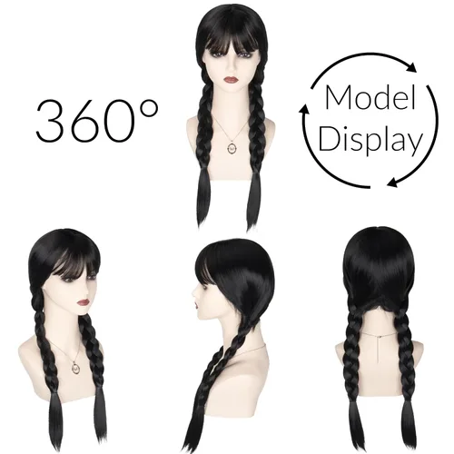 Vista 3 de Yan Dream Peluca larga de trenzas negras para mujer, peluca de coleta trenzada para Halloween, cosplay, fiesta, peluca para adultos