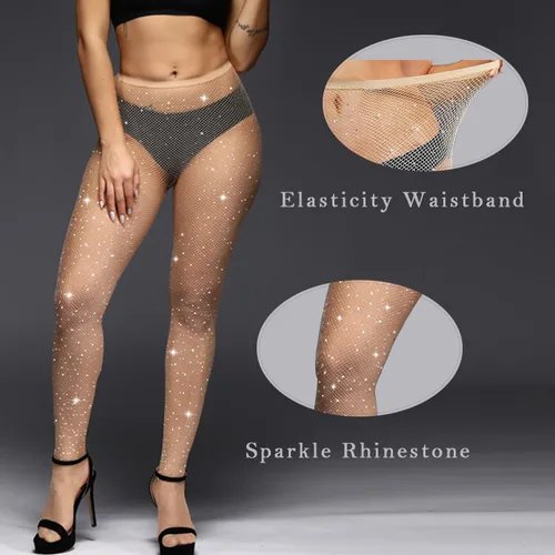 Vista 3 de Medias de red con cintura elástica,Medias de red de diamantes de imitación de alta elasticidad