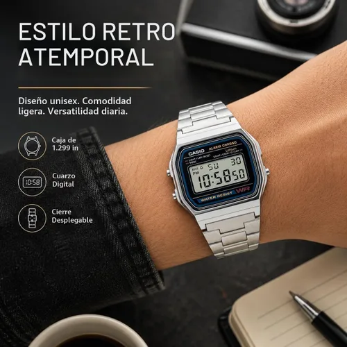 Vista 6 de Casio A158WA Series Unisex Digital Watch Vintage WR 100 SEC Stop Watch Daily Alarm Regular Time Keeping: Hour, Minute, Second, PM, Date