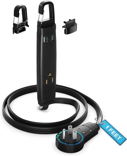 Vista 21 de Maximm Cable de extensión de 1 pie con puertos USB, enchufe plano giratorio 360, 3 salidas (2 puertos USB), conectado a tierra (negro)