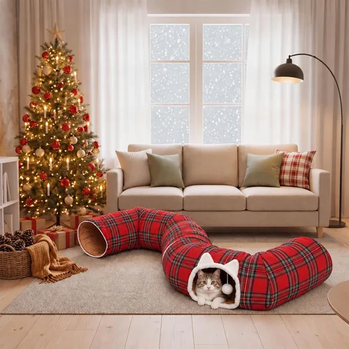Vista 6 de Falda de árbol de Navidad con diseño de túnel de gato, cama a cuadros con Rojo