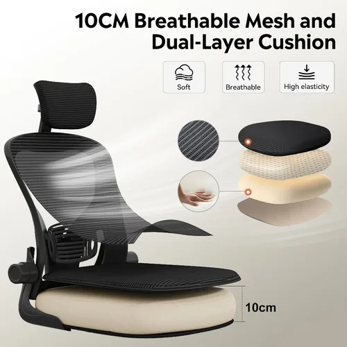 Vista 12 de DEVAISE Silla de Oficina de Respaldo Alto de Malla Ergonómica para Escritorio con Reposabrazos Abatibles, Reposacabezas Ajustable y Soporte Lumbar