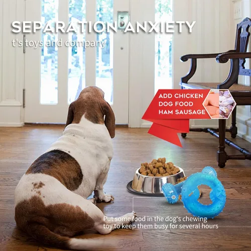 Vista 5 de Juguete de dentición congelable para cachorros, 1 anillo de dentición + 1 hueso de dentición congelable para perros juguetes masticables (azul)