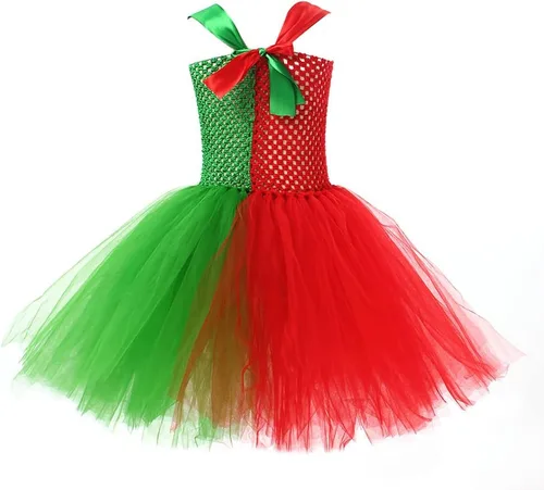 Vista 4 de IBTOM CASTLE Disfraces de elfo para niños, vestido de tul y sombrero verde para niña, ayudante de Papá Noel, sesión de fotos de Navidad
