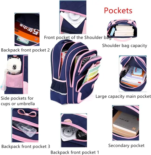 Vista 29 de Juego de 2 mochilas escolares con lazos para niñas y estudiantes, diseño de princesa para escuela primaria, 2pcs Negro-s, 2Pcs BagSet S