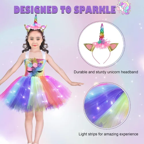 Vista 6 de Vestido de unicornio para niñas de 3 a 8 años con diadema tutú iluminado con lentejuelas disfraz de fiesta de unicornio vestido de princesa