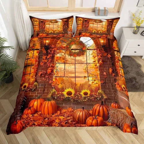 Vista 28 de Erosebridal Juego de funda de edredón individual de pavo de Acción de Gracias, juego de ropa de cama de calabaza y hojas de otoño para niños