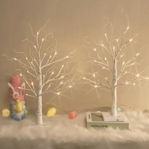 Vista 8 de Árbol de abedul blanco con luces LED, árbol de abedul iluminado para mesa, funciona con 24 luces LED USB o pilas, árbol blanco cálido, mini